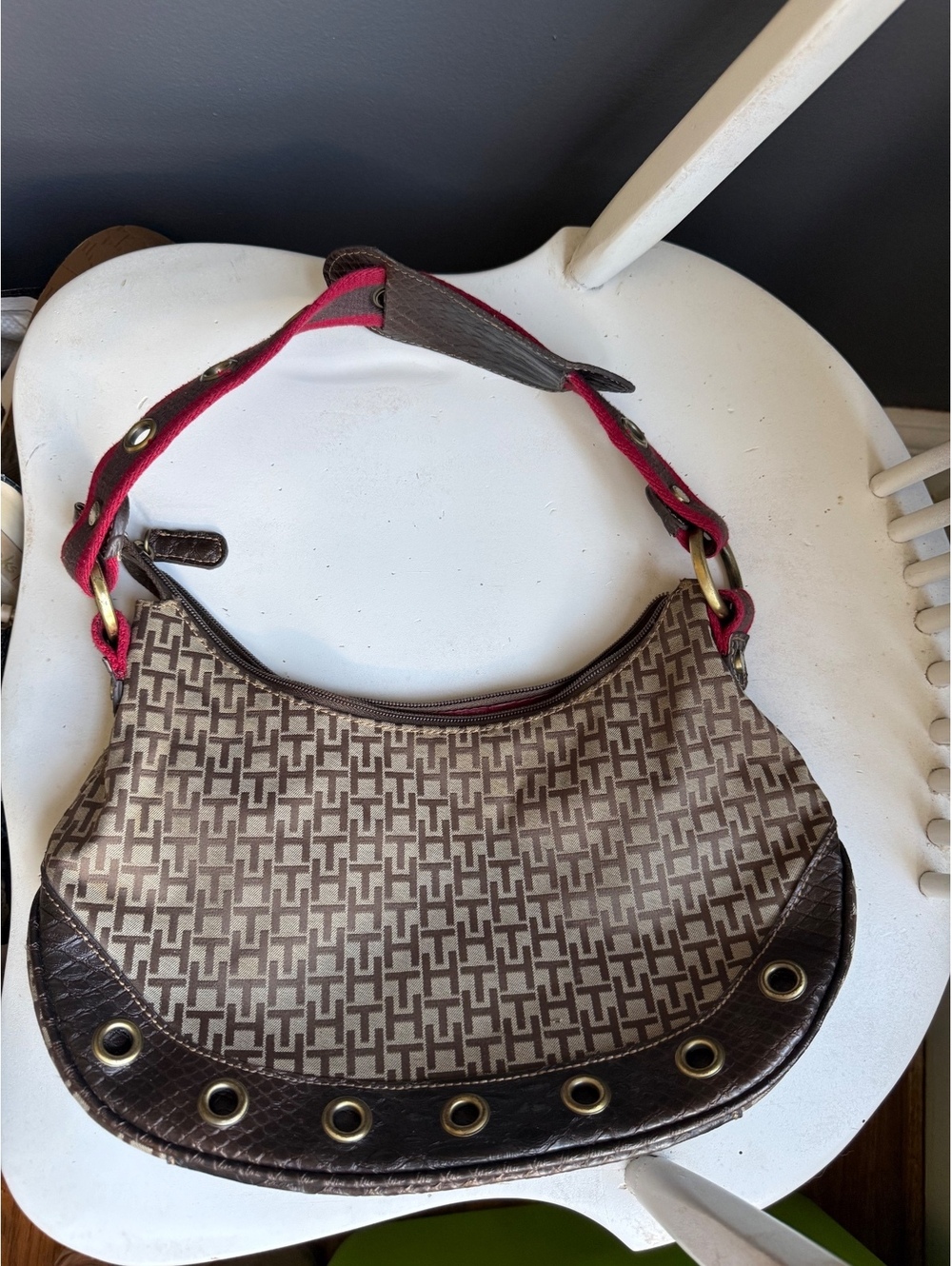 Tommy Hilfiger Brown & Beige Monogram Shoulder Bag with Red Strap
